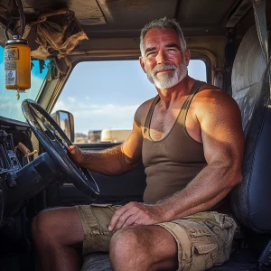 A muscular, older man with a well-groomed gray beard and short, salt-and-pepper hair sits confidently in the cab of a rugged truck. He’s wearing a snug brown tank top that shows off his bulging arms and broad shoulders, paired with tan cargo shorts that highlight his strong, athletic legs. His work boots, scuffed and worn from years of use, rest on the floor of the truck. The man exudes a rugged, seasoned vibe, with a hint of a smile as he grips the steering wheel, ready to hit the road. The truck’s interior is practical and well-used, with a few personal touches like a hanging air freshener and a coffee thermos in the cup holder