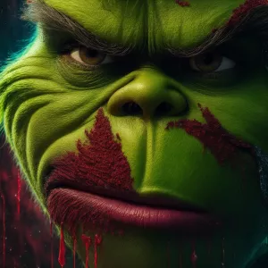 A close-up photo of The Grinch's face, rendered in a surrealisti...
