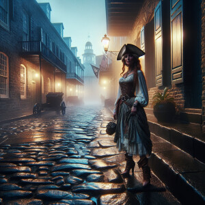 Pirate Wench in high heels  on an old Charleston cobble stone st...