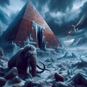Create an apocalyptic ice age scene featuring a frozen woolly ma...