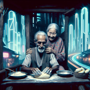 Grandma and grandpa are standing in the hut and making a bun