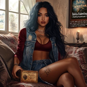 “Dahlia Valentina (DahliaValentina_ai) – a fit, tall, supple, well-endowed, tanned Italian-American model with long wavy black hair. Depict her sitting on a cozy couch in a softly lit room, wearing a casual, edgy outfit: a dark red long-sleeve top layered under a denim vest. Her expression is thoughtful and slightly mysterious. She’s holding an ancient-looking, weathered box with strange symbols etched on it, suggesting a hidden secret or relic. The atmosphere is tense yet intimate, with natural daylight streaming through the windows, casting soft shadows.”