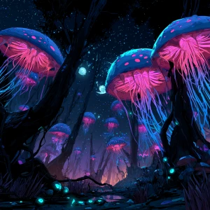 In the image, a fantastical and eerie alien forest is depicted f...