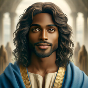 Create handsome African-American, Jesus, with Hazel Brown eyes wearing a blue and gold robe