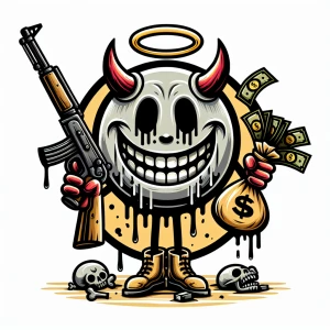 Design a cartoon-style circular logo featuring a cheeky demon we...