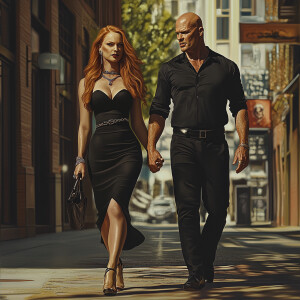 Create a photorealistic image of a stylish couple walking down a...