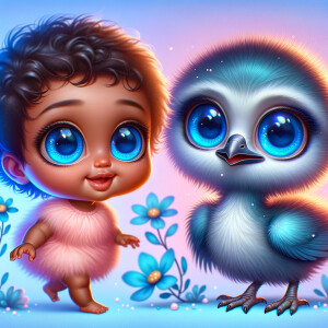 Cute and adorable African-American with huge blue eyes cartoon fluffy baby rhea, fantasy, dreamlike, surrealism, super cute