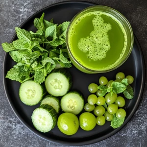 a black plate with various natural ingredients and a glass of fresh green juice. The ingredients include:

Indian Gooseberry (Amla) – The small greenish-yellow fruits at the bottom left. Amla is rich in Vitamin C and known for its health benefits, including boosting immunity and improving digestion.
Cucumber – A whole cucumber and several cucumber slices are on the right. Cucumbers are hydrating, rich in antioxidants, and help with detoxification.
Curry Leaves – The dark green leaves on the left side of the plate. Curry leaves are known for their digestive benefits and ability to improve hair and skin health.
Mint Leaves – The bright green leaves at the bottom of the plate. Mint is widely used for its refreshing taste and digestive benefits.
Green Juice – A glass of fresh green juice made from the ingredients on the plate. This juice is likely a detox drink with hydrating and immunity-boosting properties.
This type of juice is often consumed for its cooling effect, detox benefits, and to promote overall health. Would you like a recipe or more details about its benefits?