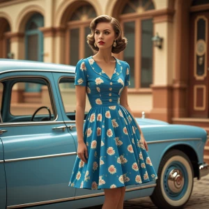 a woman in blue flowery dress