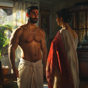 Realistic art 1:1, a muscular sweating man standing in his spaci...