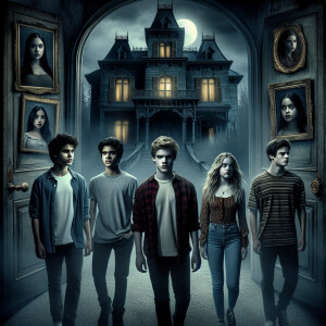 Four teenagers are in a dark scary mansion.