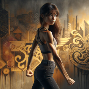 Athletic Thin skinny Attractive, Asian teenage girl, long brown hair and bangs, wearing tight skinny jeans and a halter top paint marks on her clothing, heroic pose Asian graffiti background, backside view