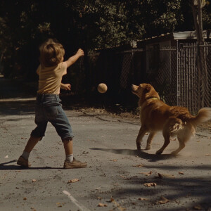 DVD screen grab, 1980’s Cinema, kid is throwing a ball to a dog.