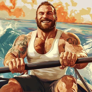 White muscular thin man with beard, big chin, smile and cheekbon...