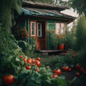 Dacha in Russia. Tomato, cucumber and other vegetables on garden