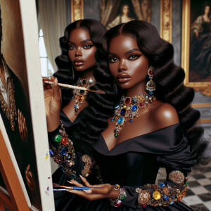 In a high-class, elegantly decorated studio, a very light-skinne...