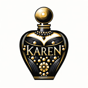 Design a fancy, black and gold bottle of perfume in the shape of a woman’s body. With a golden diamond top, flowers pearls and Diamonds in the name, Karen