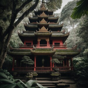 Buddhist temple thailand style in bali surrounded by lush green...
