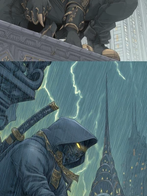 /imagine prompt: Crouched manga-style mystic on a massive, grote...