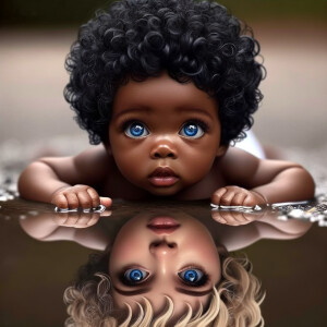 A curious cute african-American, baby with huge blue eyes and cu...