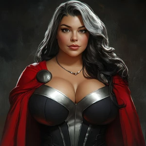 Create a picture of a plus size queen with a hint of superhero h...