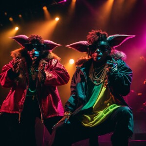 Gremlins in vibrant hip-hop attire and bold statement jewelry en...