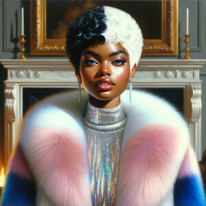 a full body veiw of a colorful gloss hyper realistic oil painting of a regal beautiful light skinned afro  American girlwith beautiful pixie cut one side of hair is black and the other side  of her hair white slick baby hair and furry white and pink and blue furry coat and outfit under the coat standing in living room with fireplace