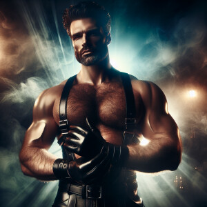 Male dressed in full leather and shirtless with a harness and is...