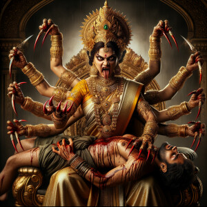 portrait of angry looking, four-armed indian goddess  sitting on a gold throne and carrying a weak mahishasur on her lap and poking his abdomen with her amazingly long red fingernails . She is wearing gold armor, a huge gold crown, gold saree, abundant  gold jewelry, covered in blood. The scene is set in ancient India. The image is 8K resolution, cinematic, photography, ultra detailed face and epic.