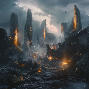 Desolate ruins glowing with soft mystical energy, elemental crea...