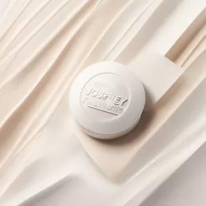 A small logo that says journey into fashion and white letters it...