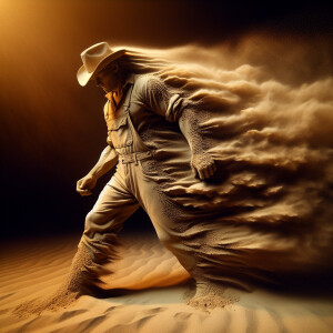 Create an image of a American man made entirely of sand walking...