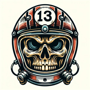 Skull with bulging eyes, wearing an old fashion racing helmet wi...