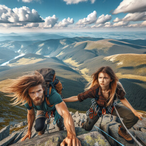 Rusty girl and skinny man climb on high mountains