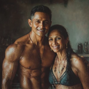 Hyperrealism photo painting.a muscular sweaty indian man stand...