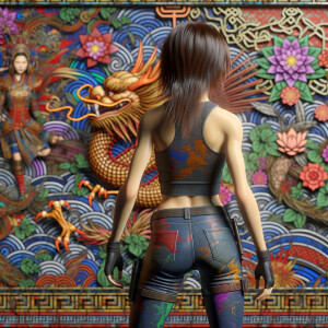 Athletic Thin skinny Attractive, Asian teenage girl, long brown hair and bangs, wearing tight skinny jeans and a halter top paint marks on her clothing, heroic pose Asian graffiti background, backside view