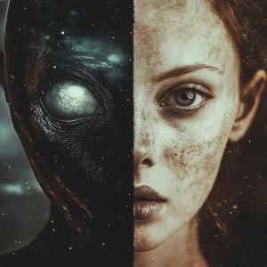 A woman's face transforming into a Alien