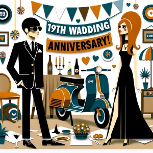 ‘Happy 19th Anniversary!’ Written
A 60s mod vibe with a tan male...