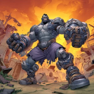 Depict a large, muscular humanoid character in a dynamic pose, c...