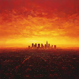 A vivid depiction of the city of Los Angeles bathed in the warm,...