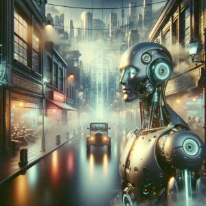 Street scene, cold colors, robot close-up, dim, doomsday feeling...