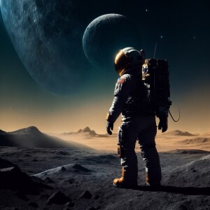 Create a concept art line drawing of a moon miner on a dimly lit...