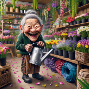 Funny and crazy caricature of a 95 year old grandma in a flowers...