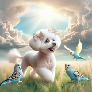 A bichon Frise with two bows on her ears with a short hair cut p...