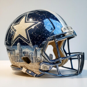 Dallas Cowboys helmet, Dallas skyline behind the helmet.