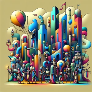 A high-angle colorful illustration of a surreal cartoon city cal...
