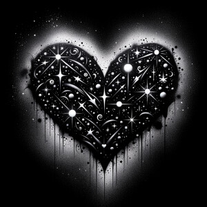 Black background, heart filled with black starry shaped celestia...
