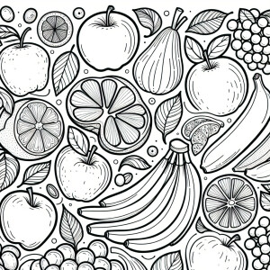 Create coloring pages featuring fruits with bold outlines for cl...