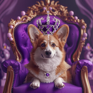 Create a realistic picture of a pembroke corgi with a purple cro...
