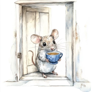 Mouse in open door, watercolor, holding a tiny blue delft cup of...